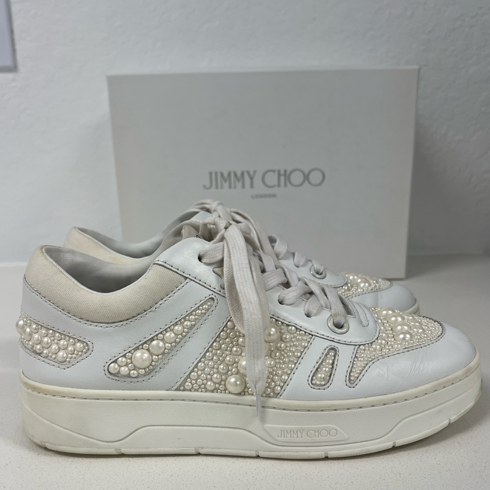 JIMMY CHOO Hawaii Pearl Sneakers White Size 38.5 - Picture 3 of 8